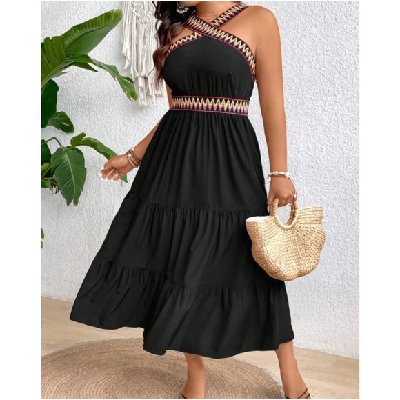 Plus Boho Black Chevron Halter Maxi Dress - Picture 1 of 7